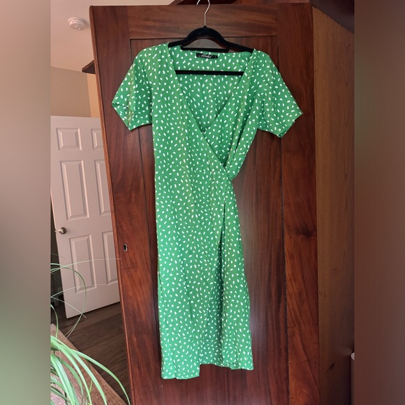 Green and White Print Wrap Dress - Picture 1 of 5